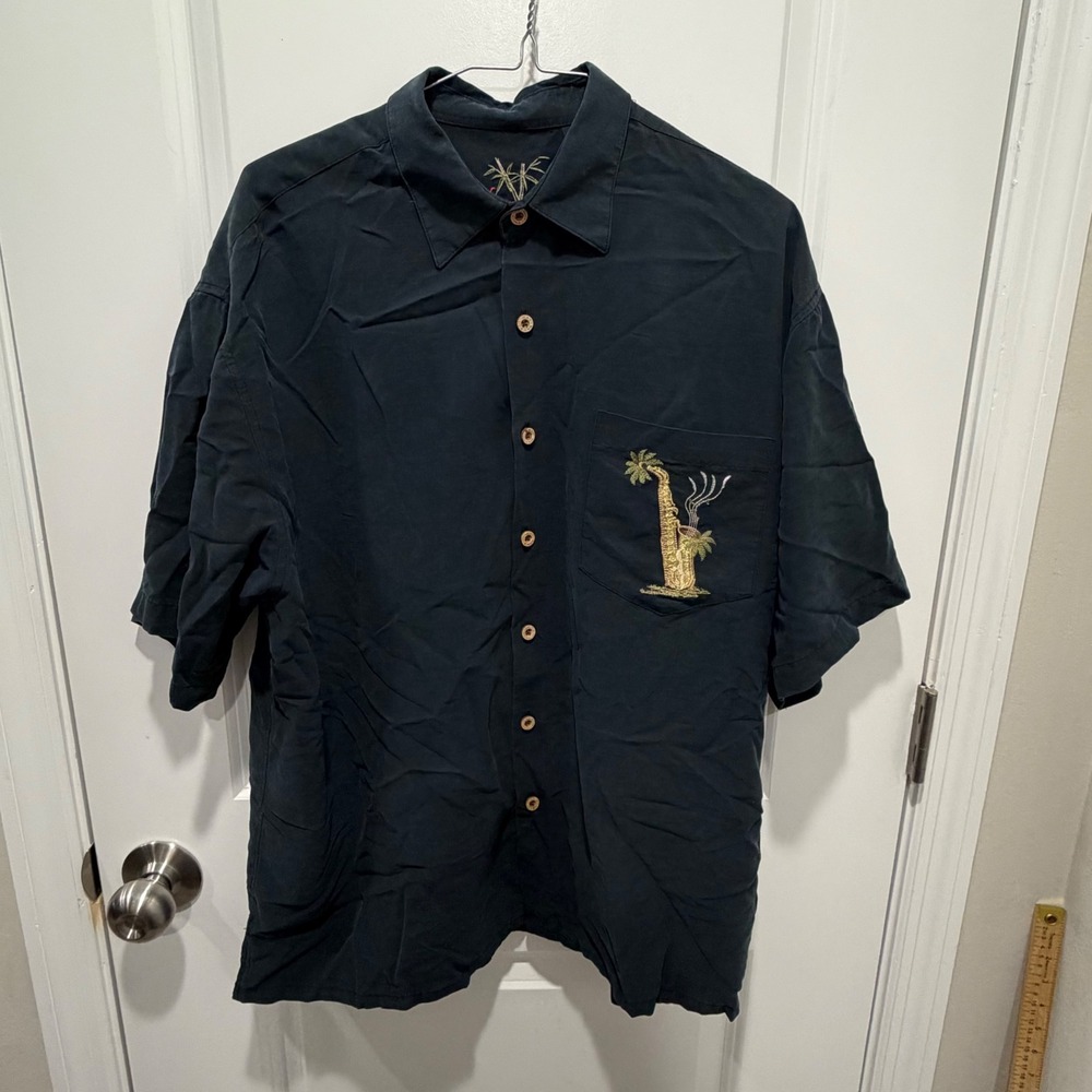Bamboo Cay Mens Shirt Embroidered Island Saxophone Teal Large